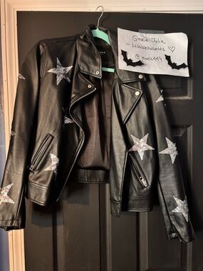 torrid Black Faux Leather Moto Jacket with Silver Sequin Stars